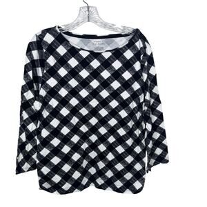 Talbots XL Black White Buffalo Plaid Check Long Sleeve Tee Cotton Spandex